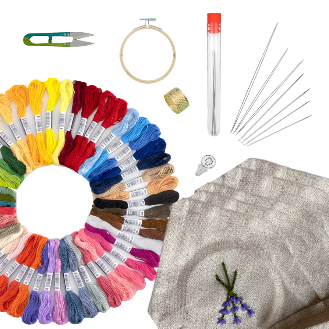 Embroidery kit with threads, hoop, needles, scissors, and a sample embroidery on fabric.