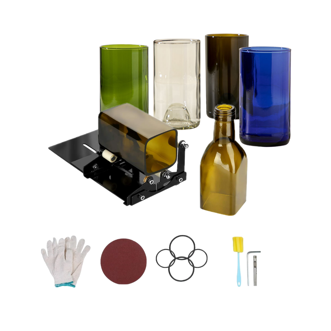 set of tools to cut glass wine bottles into drinking glasses