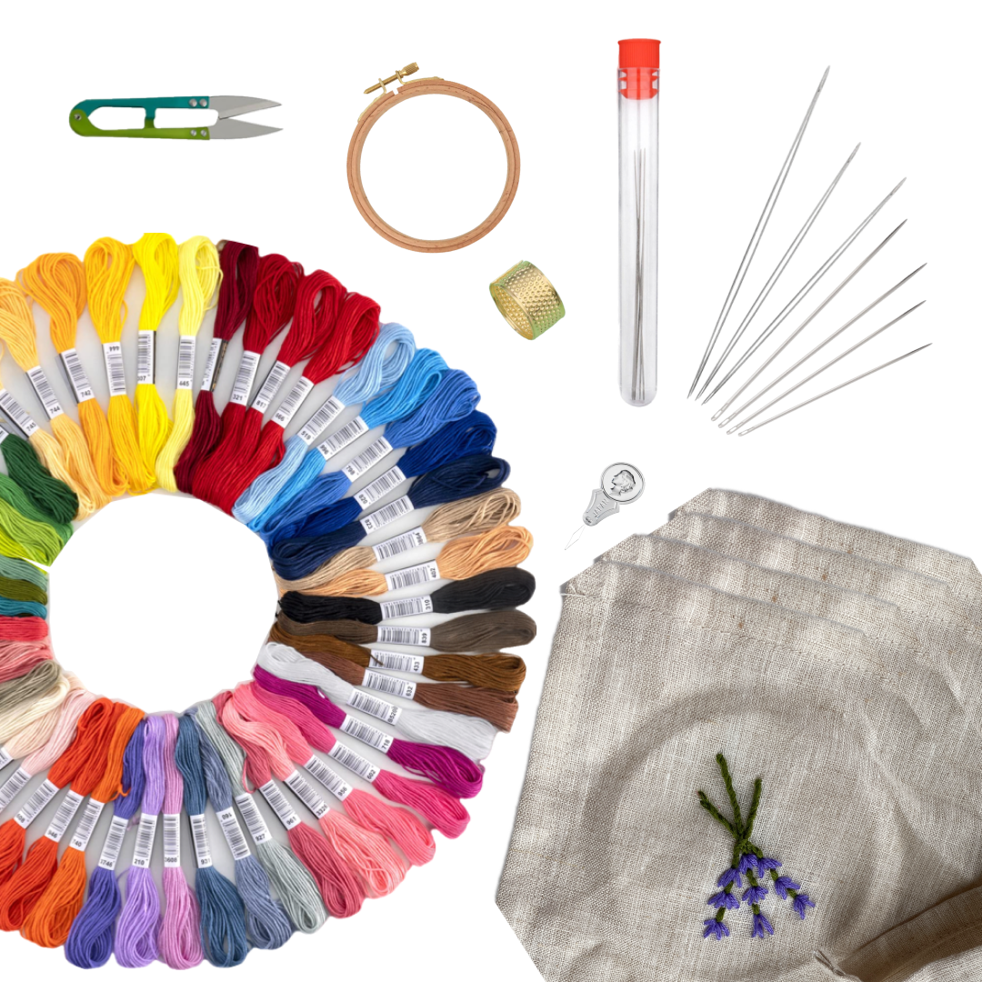 Complete Embroidery Set Starter Kit — Thread, Hoop, Napkins, Needles & How To Video for DIY Hand Embroidery Projects