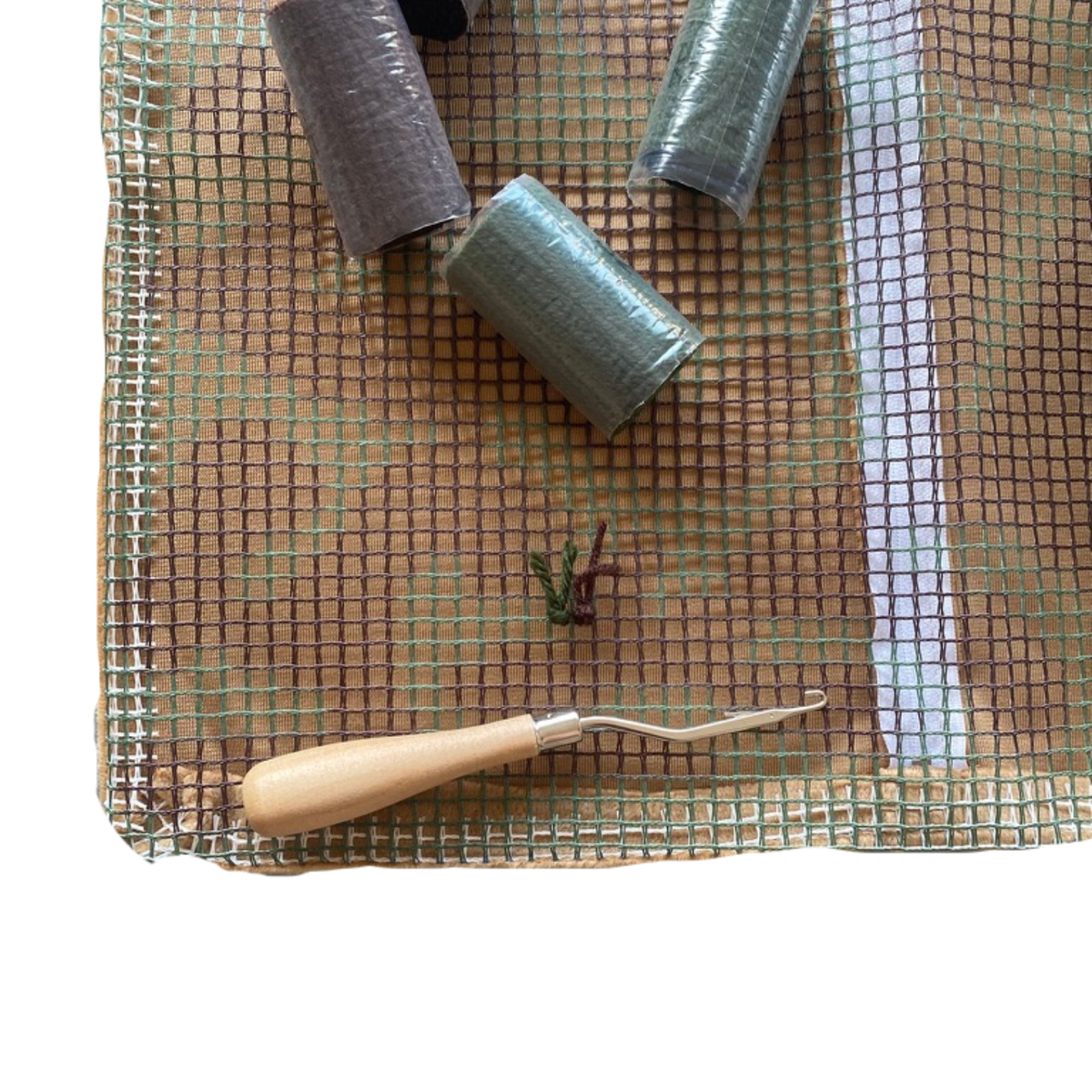 Smyrna Latch Hook Cushion - Brown and Green - Helena Flatpackpony