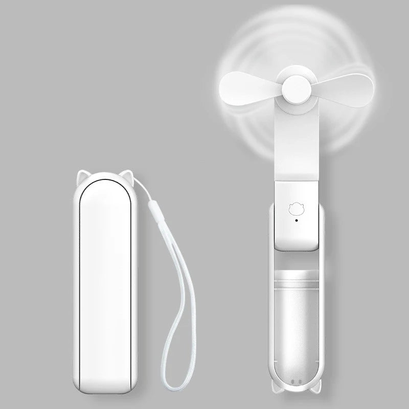 Witte opvouwbare mini-ventilator, dichtgeklapt en opengeklapt, met polskoord