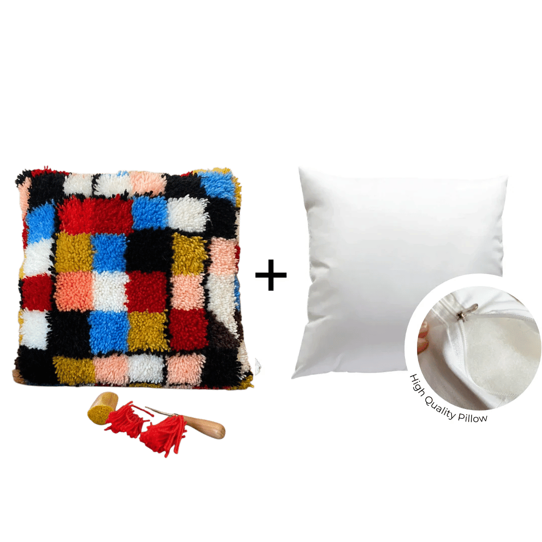 Checkered Multicolor Smyrna latch hook pillow diy kit with pillow insert of high quality