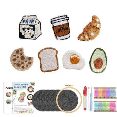 Punch needle coasters kit with various food-themed coasters and accessories on a white background.