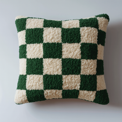 Checkered latch hook pillow with green and white squares on a light gray background