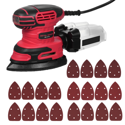 Compact electric detail sander with triangle sanding head shown front-facing on transparant background with 12 sanding papers

