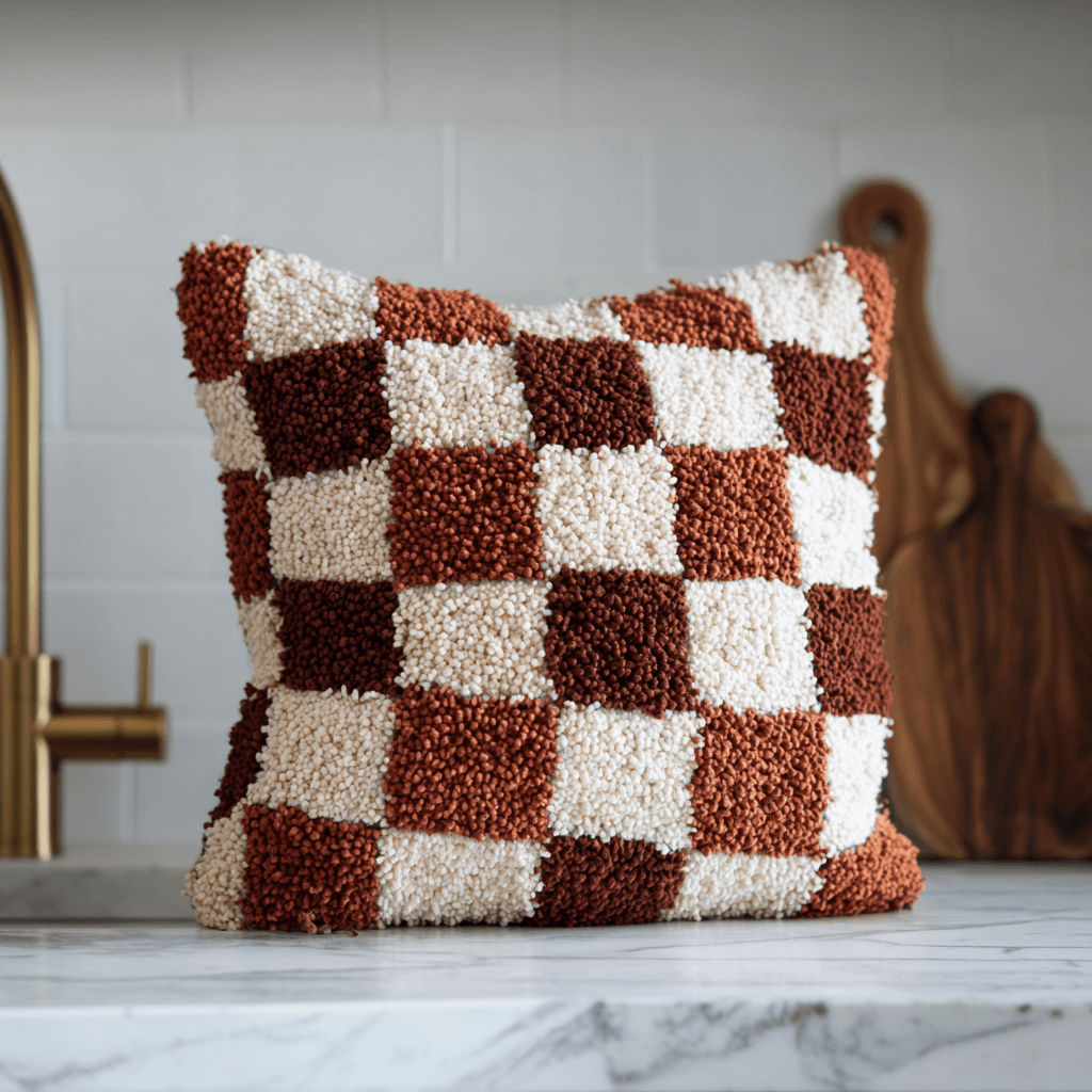 Checkered pillow with brown and white pattern on a marble surface