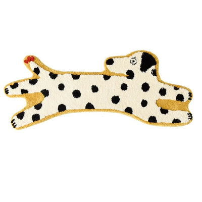 Dog rug shaped like a bone with a dalmatian pattern on a white background