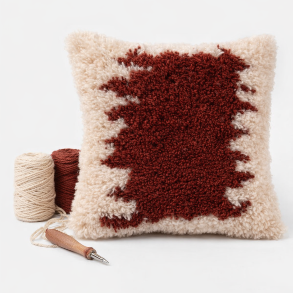 Textured latch hook pillow with a red pattern and yarn on a white background