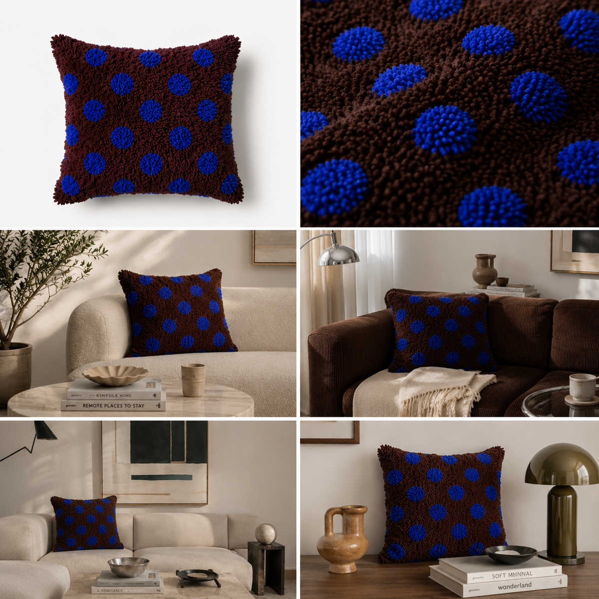 A six-panel collage showing a textured throw pillow in a dark brown and bright blue patterned design, including a clean product shot, a close-up of the fabric texture, and the pillow styled in living room settings on sofas and tables.