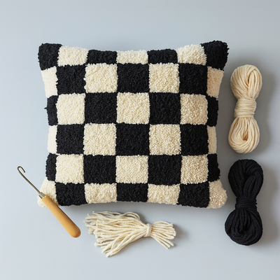 Checkered pillow with black and white yarn, a crochet hook, and additional yarn on a light gray background