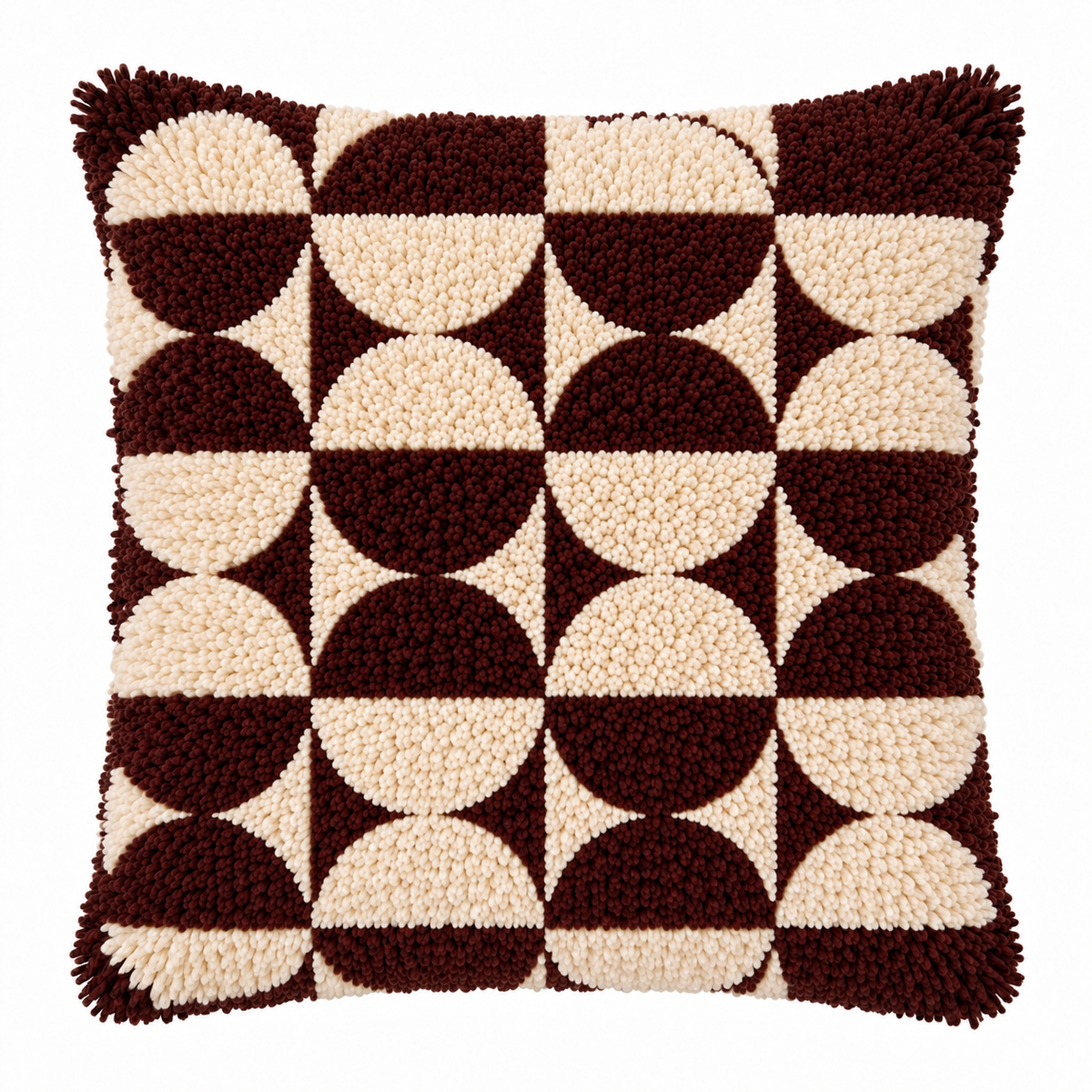 Smyrna Latch Hook Cushion - Jordania, retro 70s Italian-inspired design in chocolate brown and cream