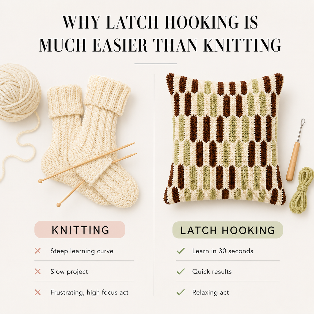 Why latch hooking is much easier than knitting – comparison infographic