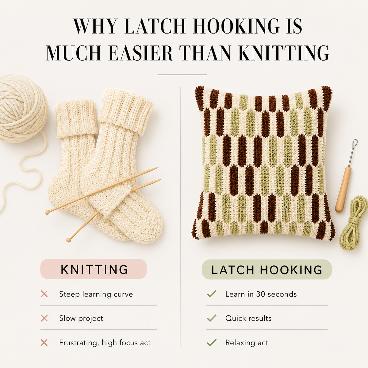 Why latch hooking is much easier than knitting – comparison infographic