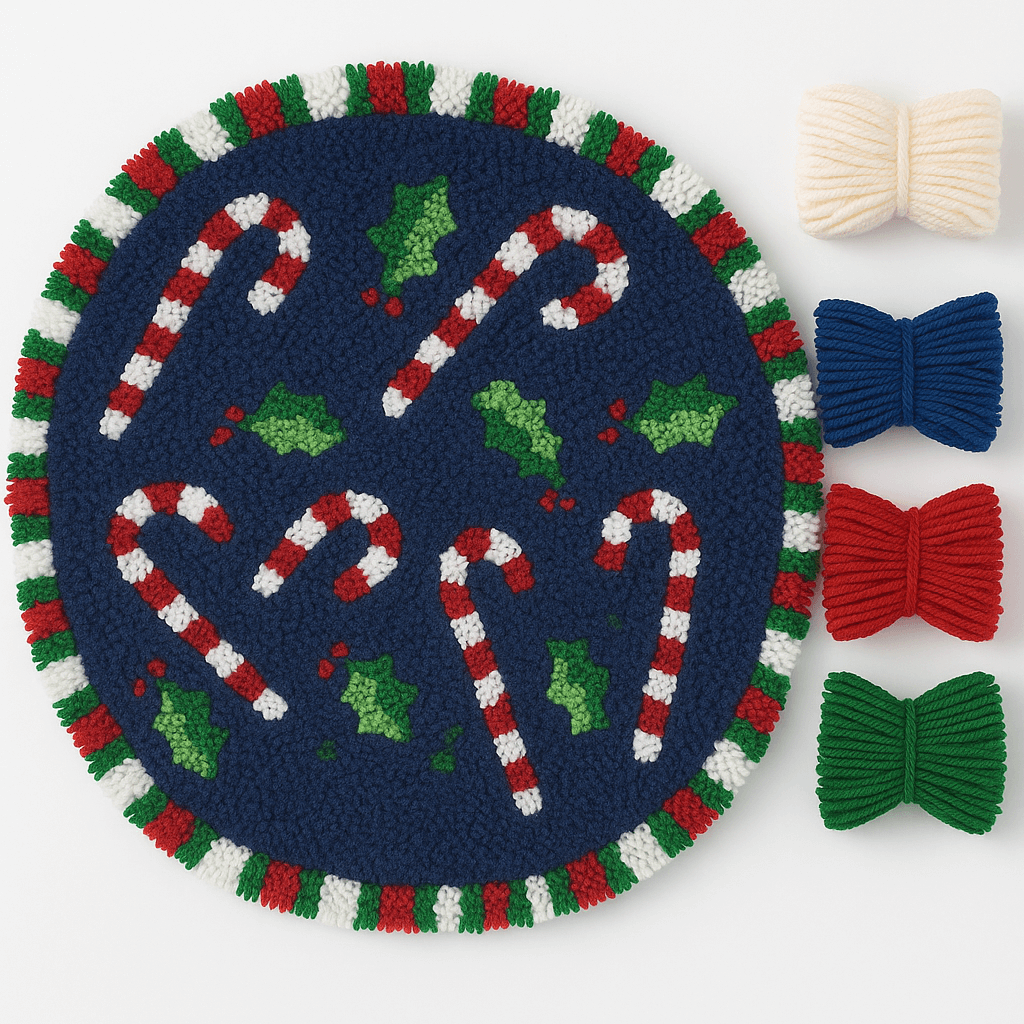 Round knitted mat with candy canes and holly design, accompanied by colorful knitted bows on a white background.