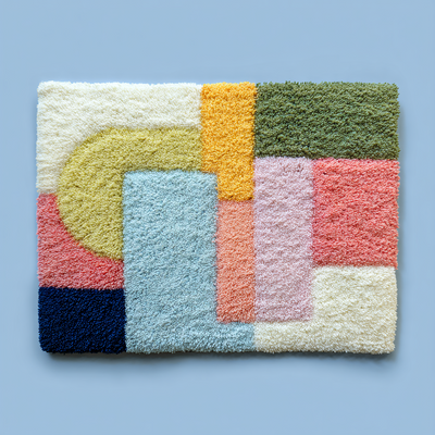 Colorful geometric-patterned rug on a blue background