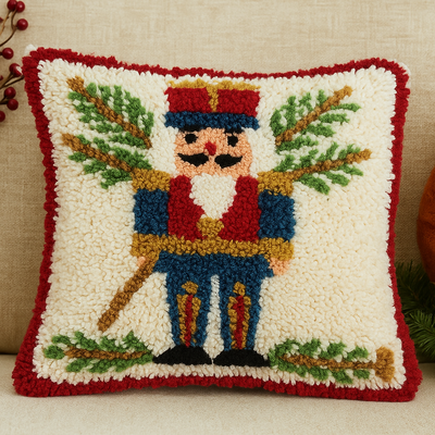 Decorative pillow with a nutcracker design on a beige couch.