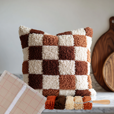 Checkered pillow with brown and beige squares on a neutral background