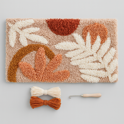 Decorative rug with leaf pattern, yarn, and crochet hook on a light gray background