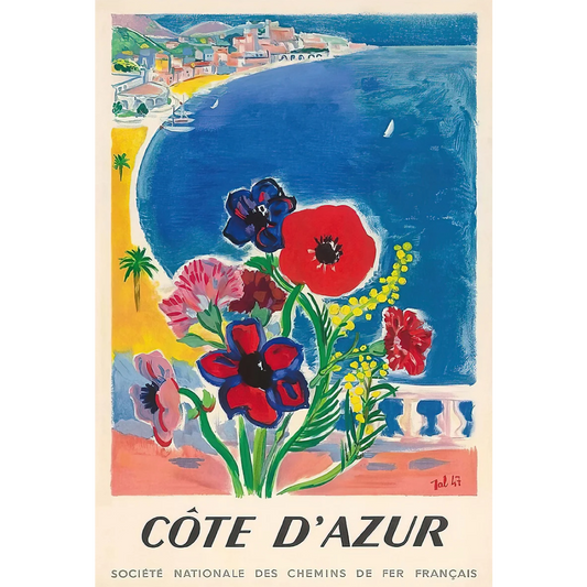 'Côte d’Azur' Poppy Vintage Colorful Art Print on High End Quality 100% Cotton Canvas