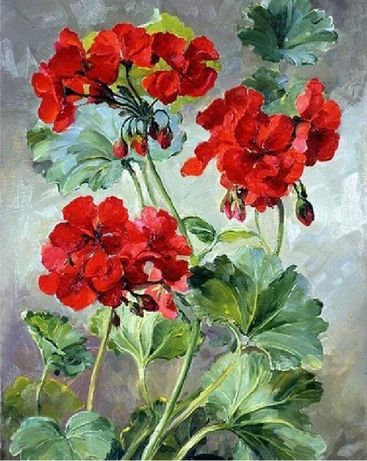image of a paint by numbers kit showing red flowers and green stems on grey background