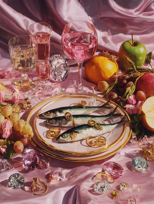 Dinner table setting with fish, fruits, and jewelry on a pink fabric background