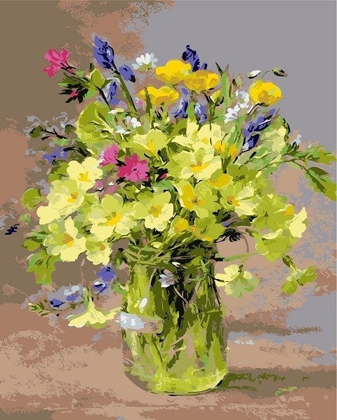 A 'Paint by Numbers' canvas with various colors and floral patterns, numbered for guide.