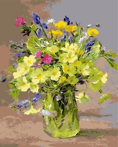 A 'Paint by Numbers' canvas with various colors and floral patterns, numbered for guide.