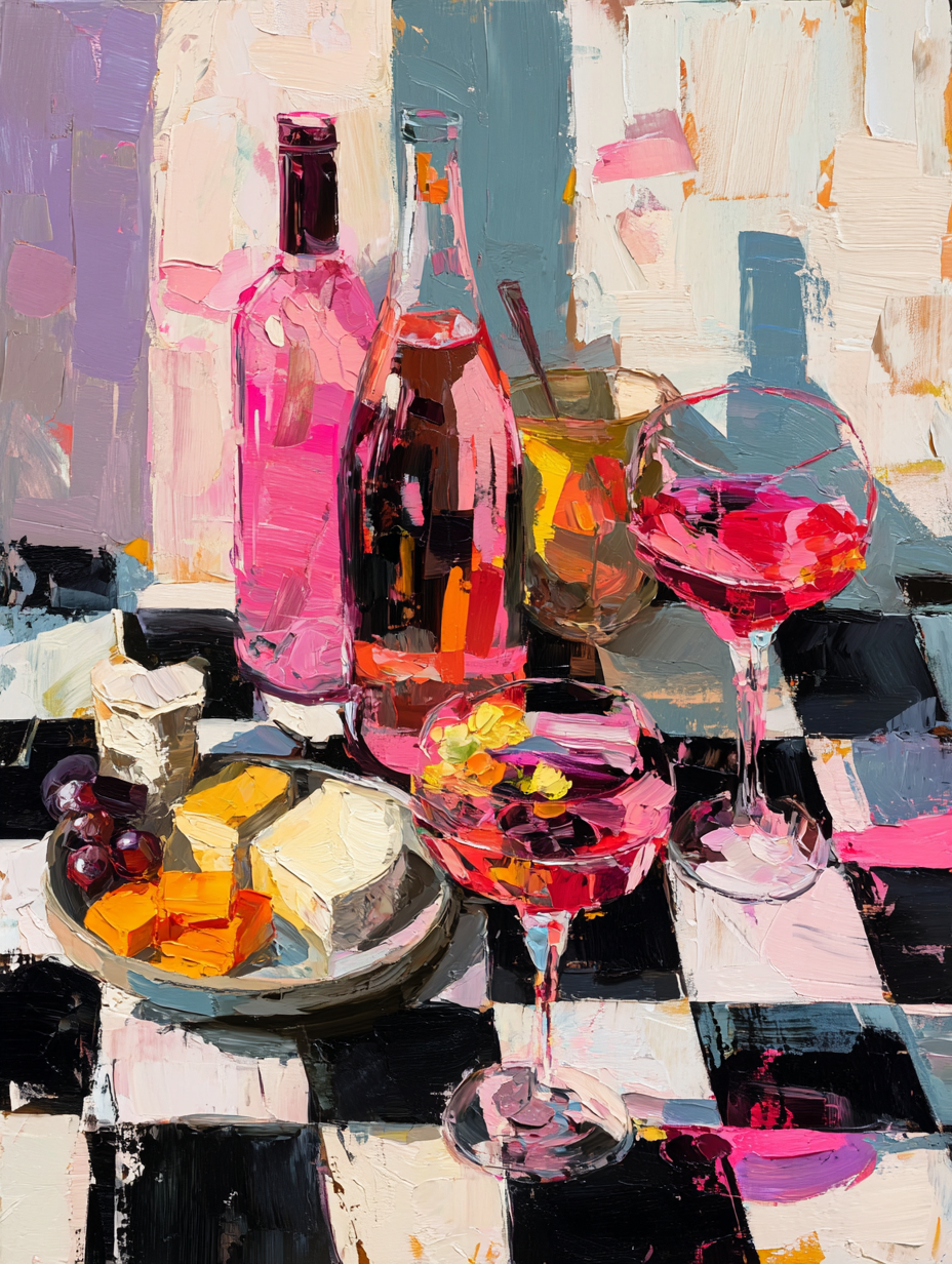 Colorful still life painting of drinks and snacks on a table.