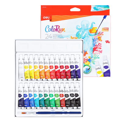 An acrylic paint kit packaging showing a collection of 24 color tubes with a brush and a palette. The colors are vibrant and displayed in a clear, organized manner.