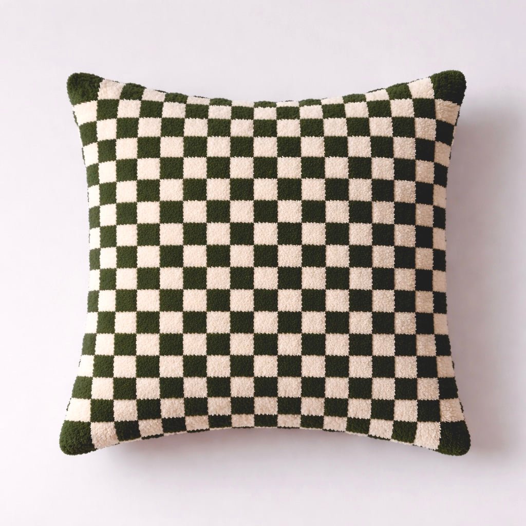 Smyrna Latch Hook Pillow - Khaki Checkered Pillow - Upcycled ♻️ - Flatpackpony