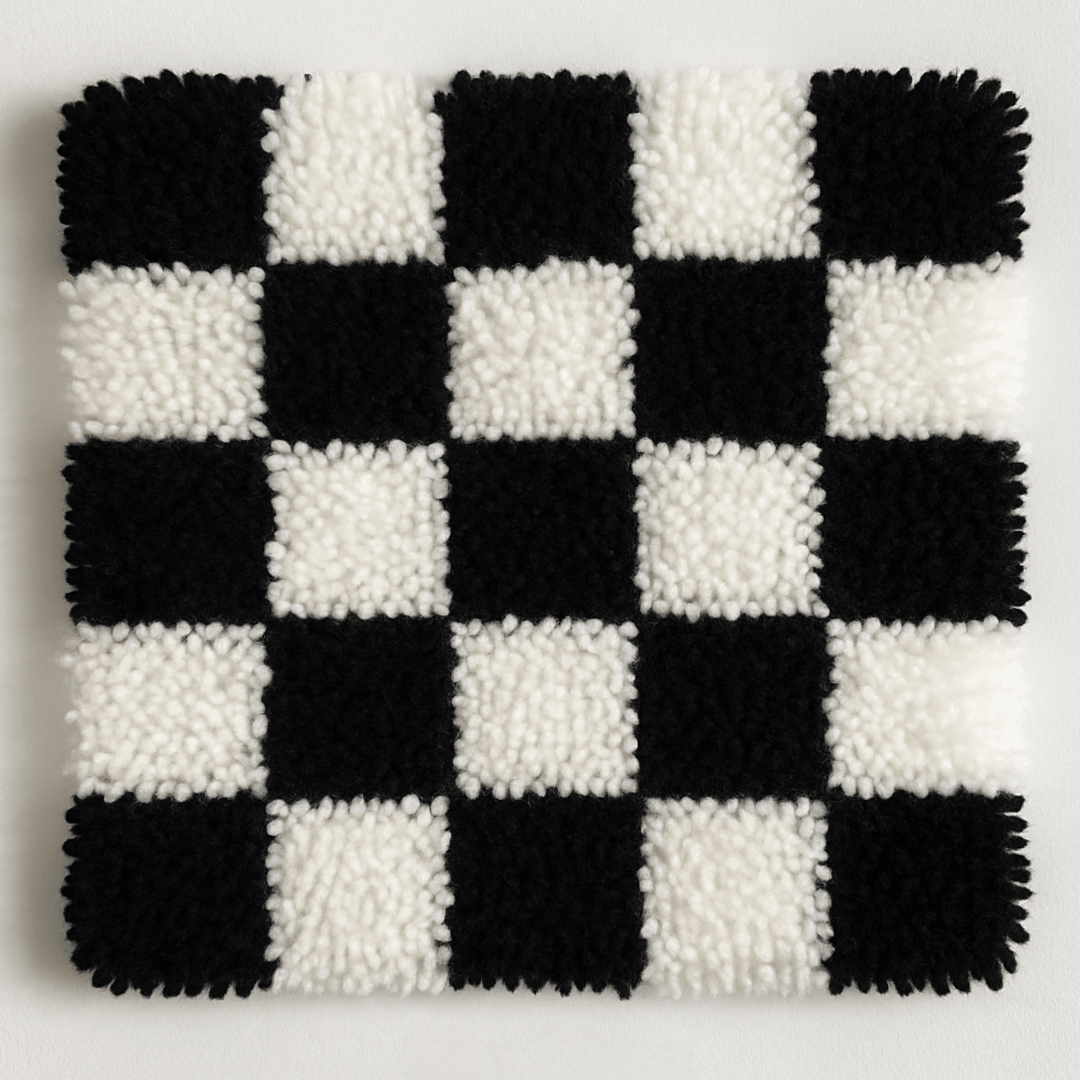 Smyrna Latch Hook Seat Rug - Checkered Black & White - Flatpackpony