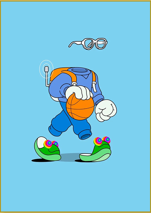 poster of a cartoon dude walking with a basketball and frog slippers