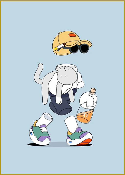 poster of a cartoon dude walking with a cat and cigarette and liquor