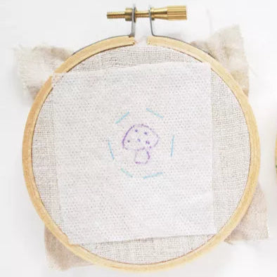 water soluable embroidery stabilizer on canvas in circle stretcher with mushroom drawing